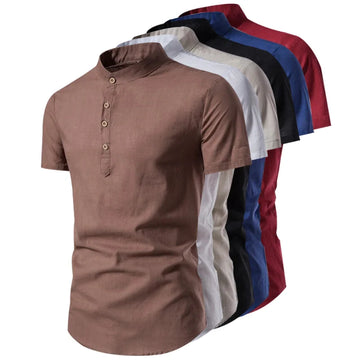 Cotton Summer Men's T-shirt Henry Collar Button Design Short Sleeved Shirt Thin Breathable Solid Color Casual T-shirt