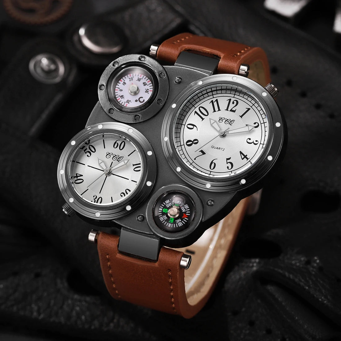 2PCS/Set Luxury Large Dial Men Quartz Watches Casual Leather Band Wristwatches Sport Watch for Men Clock（Without Box）