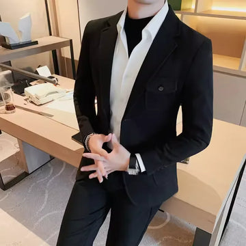 Men's High-Quality Tweed Suit Jacket 2024 Fashion Handsome Winter Thick Solid Color Business Casual Versatile