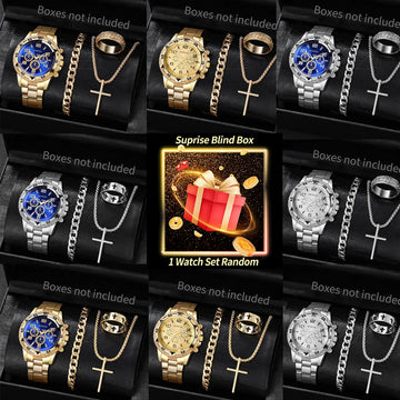 Surprise Mystery Watch Blind Box-4PCS Fashion Men Business Watch Jewelry Set Luxury Quartz Watches Reloj Hombre（Without Box）