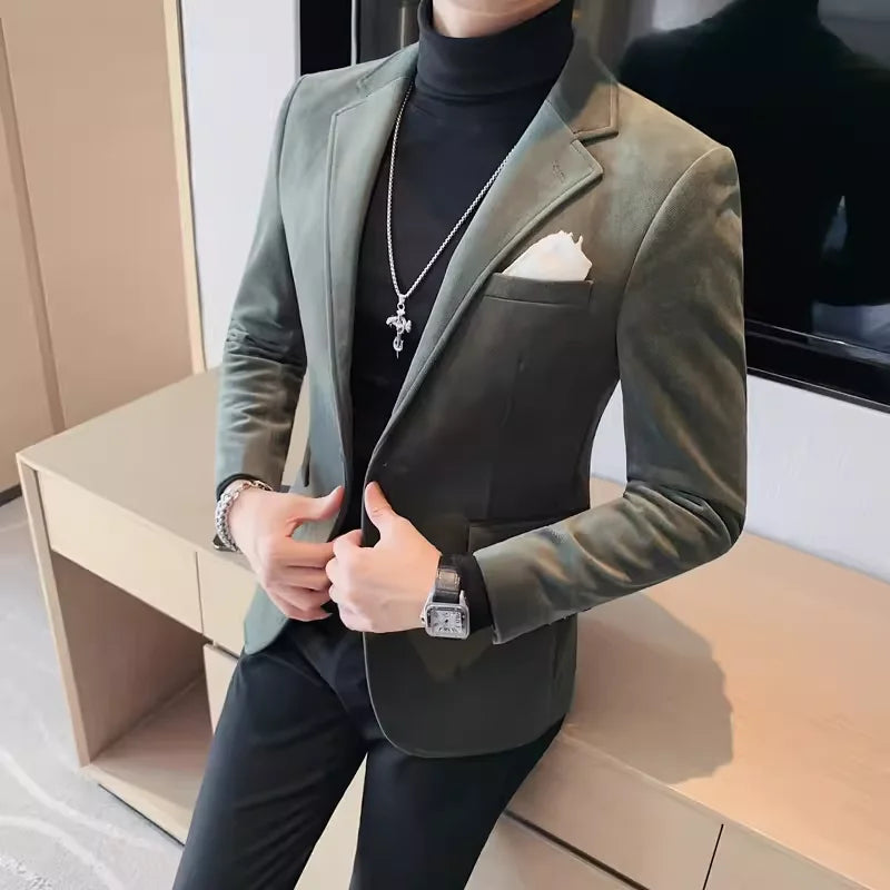 Men's Wool Suit Jacket 2025 High Quality Fashion One Grain Single Breasted Velvety Casual Solid Color Single West Fork