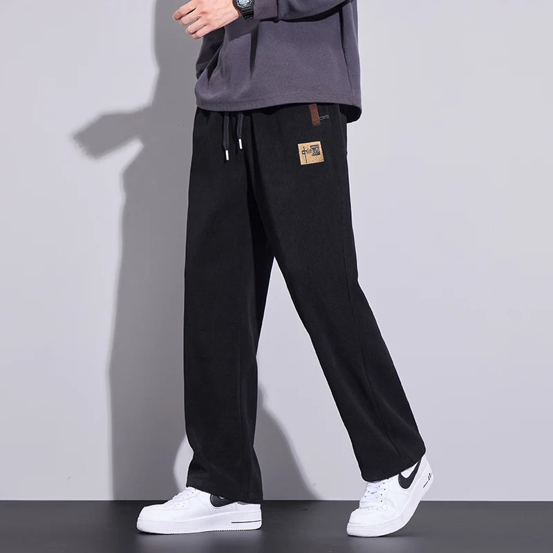 Autumn Winter Embroidery Corduroy Pants Men Thick Elastic Waist Korea Straight Jogger Outdoors Trousers Male Plus Size M-5XL
