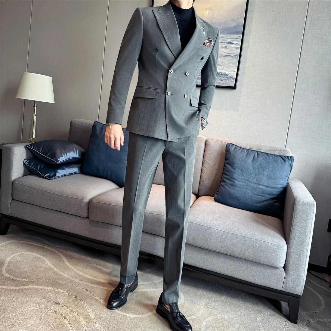 Men's wedding high-end dark striped peak lapel double-breasted suit set, men's suit and trousers two-piece set