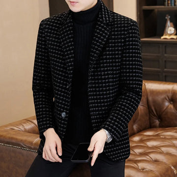 A thick woolen suit for men in autumn and winter, a trendy Korean-style checkered small suit, a versatile and stylish jacket