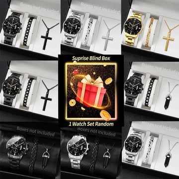 Surprise Mystery Watch Blind Box-Fashion Men's Stainless Steel Band Watch Casual Calendar Quartz Watch Jewelry Set（Without Box）
