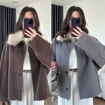 Women's Coat 2025 Autumn Winter Fashion Long-Sleeve Faux Fur Collar Simple Jacket Casual Fashion Versatile New Outerwears ﻿