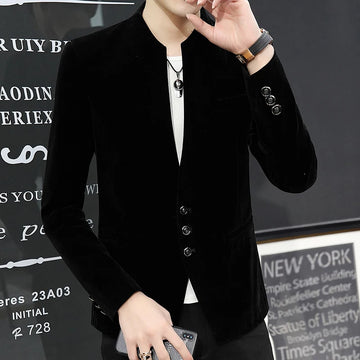 2025 Men's Casual Business Velvet Suit Jacket High-Quality Fashionable Stylish Versatile Solid-Color Craft Stand-Up Collar