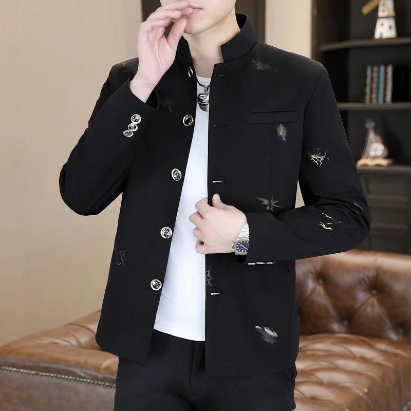 Men's printed small suit, Korean-style slim-fit stand-up collar Zhongshan suit, casual suit, thin coat, trendy and handsome youn