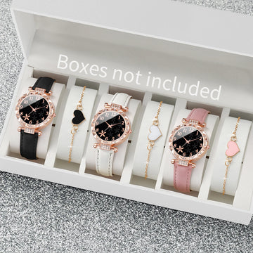 6PCS/Set Fashion Flower Dial Women's Quartz Casual Leather Band Analog Watches Heart Bracelets Set（Without Box）