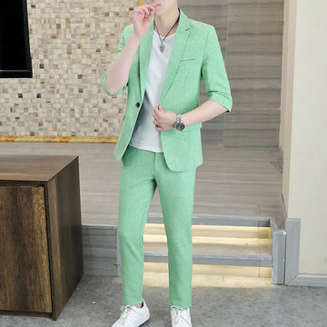 Men's casual and fashionable suit set, slimming spring and summer Korean-style suit, high-end fabric, solid-color handsome coat