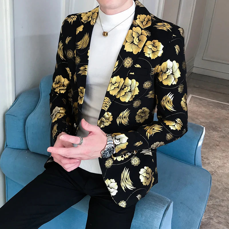 Men's Slim-fit Business Casual Suit 2024 Korean Version Hot Stamping Floral Print Handsome Blazer for All Seasons