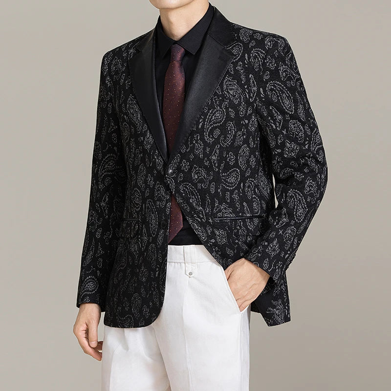 High-quality men's Korean-style slim-fit banquet business suit, fashionable and casual jacquard patchwork leather suit jacket