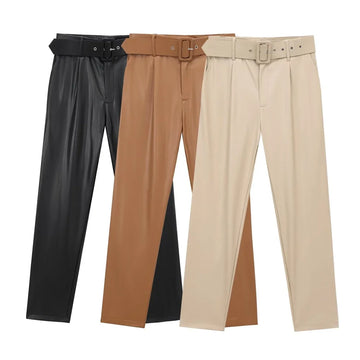 women's leather pants with high waist and waist belt straight leg pants for spring and summer casual women's wear