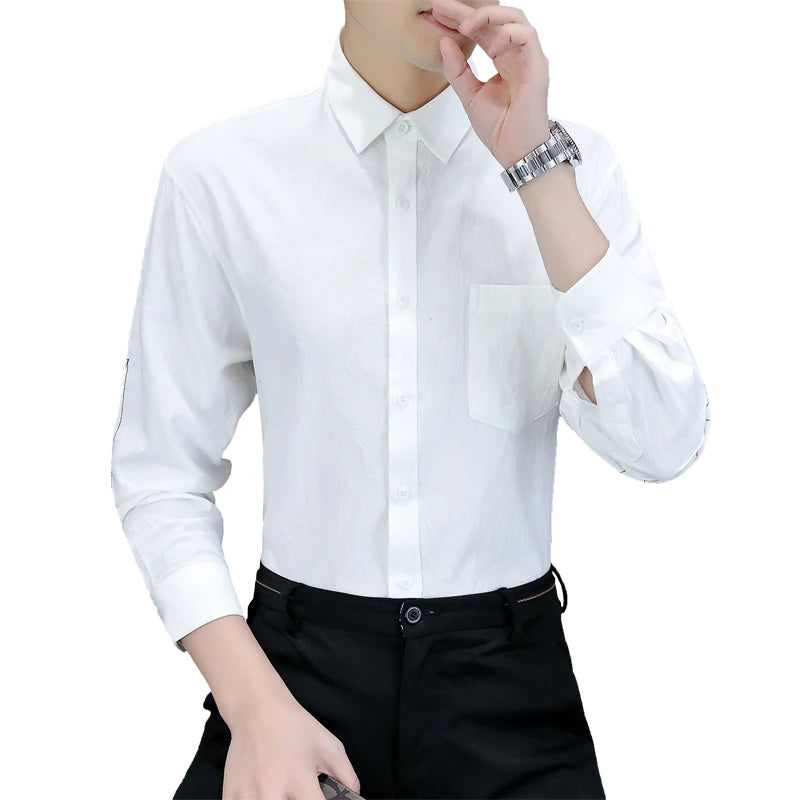 High-quality, fashionable, stylish and versatile casual business solid-color pure cotton long-sleeved shirt top for young people
