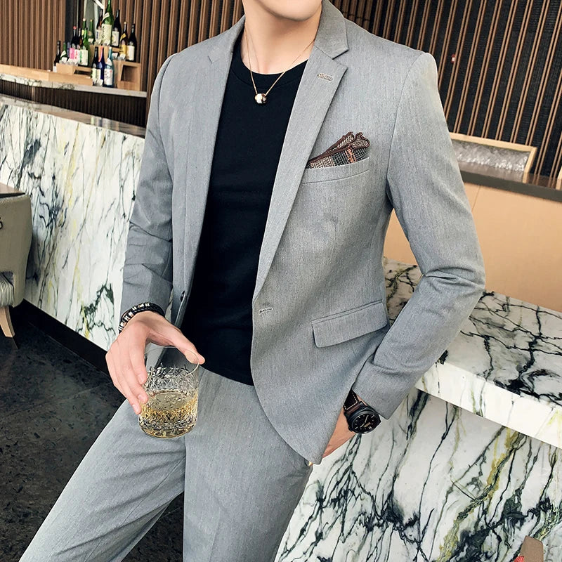 Men's Slim Fit Solid Color Wedding Business Set Autumn Winter High-End Quality Two-Piece Outfit British Style Casual Trouse