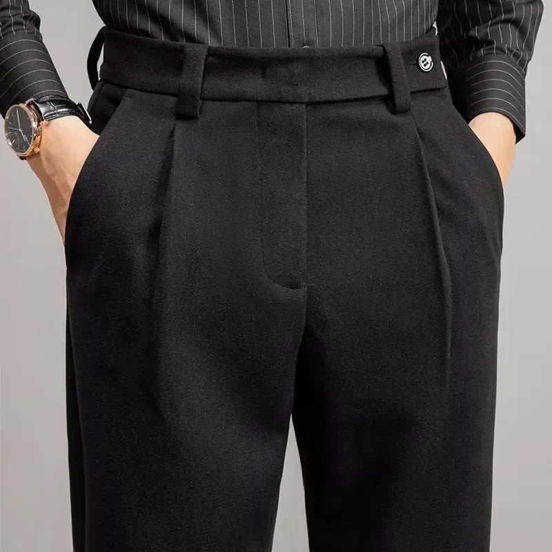 Naples Autumn Winter Men's Casual Pants Straight Woolen Men's Business Versatile Small Western Pants Drape Warmth Trousers
