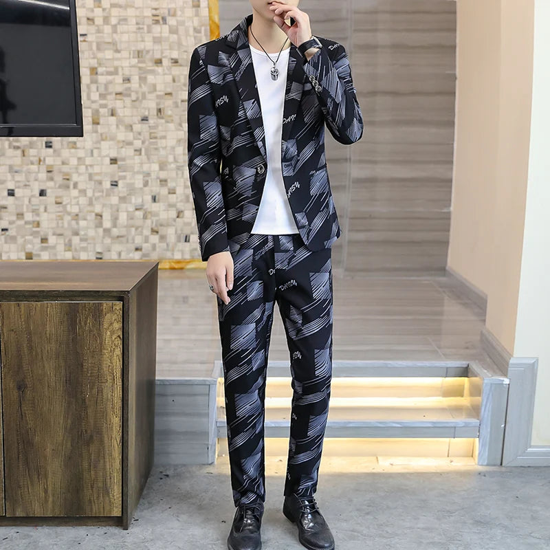 Autumn 2025 Men's Slim Fit Korean Style Suit-Trousers Two-Piece Set Trendy Handsome Lettering Fashionable Casual Outfit