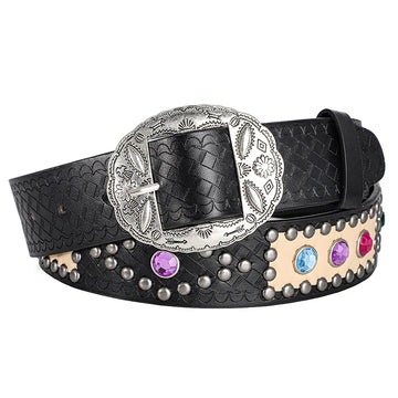 Women's Fashion Vintage Carved Buckle Sparkling Belt Western Denim Shiny Rivet Designer Rhinestone Accessory Belts，For Men Women