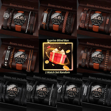 Surprise Mystery Watch Set Blind Box-Fashion Leather Strap Men Business Watches Vintage Bracelet Set Reloj Hombre（Without Box）