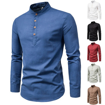 M-5XL Spring and Summer New Men's Long Sleeved Shirt Solid Color Stand Up Collar Single Breasted Thin Top