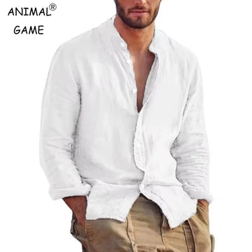 New Mens Long Sleeve Linen Shirt Stand Up Collar Casual Lightweight Mens Shirts Breathable T Shirts Hawaiian button Shirt