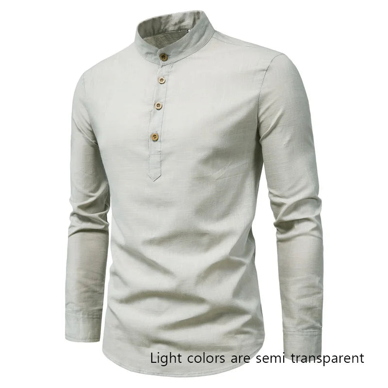 M-5XL Spring and Summer New Men's Long Sleeved Shirt Solid Color Stand Up Collar Single Breasted Thin Top