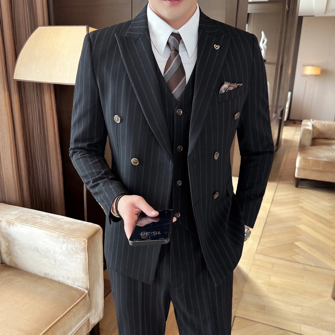 2025 Korean-Style British High-Quality Autumn Winter Three-Piece Suit Set Fashionable Cool Versatile Striped Men's Clothing