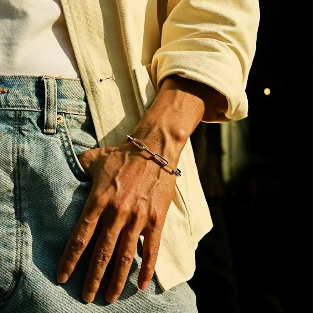 7mm Stainless Steel Coarse Men Bracelet Hip Hop Geometric Square Closure Bracelet Fashion Jewelry Fashion Accessories Gifts