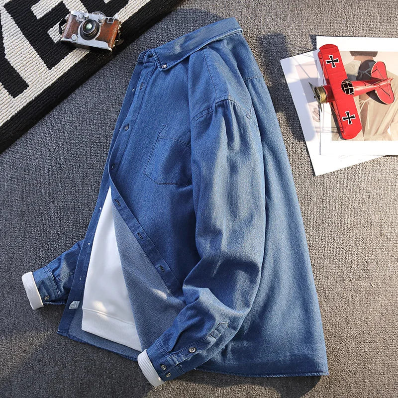 High-quality men's fashionable and stylish autumn new denim shirt, pure cotton long-sleeved shirt for teenagers