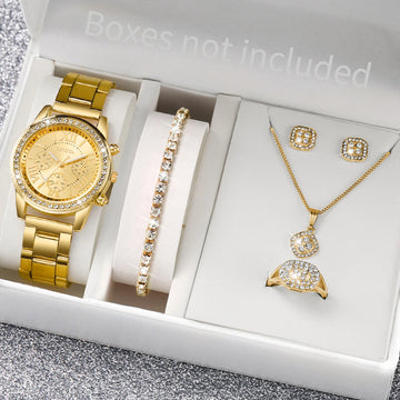 6PCS/Set Fashion Women Watch Roma Dial Ladies Steel Band Quartz Watches Jewelry Set（Without Box）