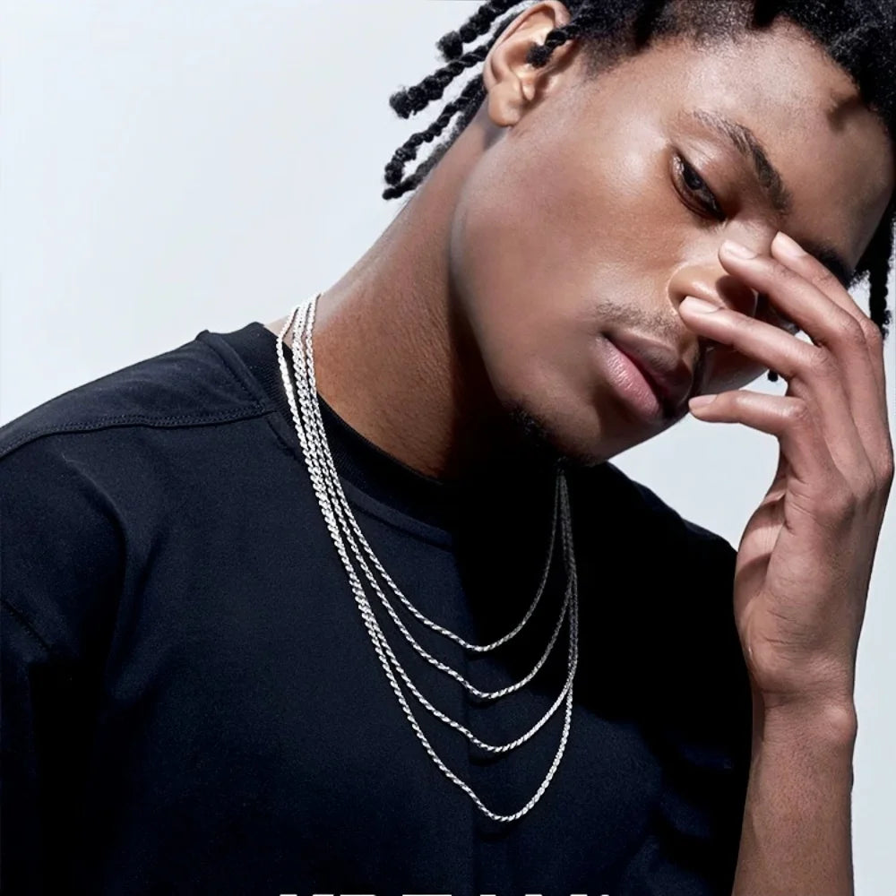 2mm Hip Hop Thin Twist Chain Necklace Punk Silver Color Stainless Steel Men Necklace Fashion Jewelry Accessories