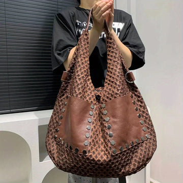 Women's fashion casual sports tote bag stitching genuine leather large capacity commuter shoulder messenger bag
