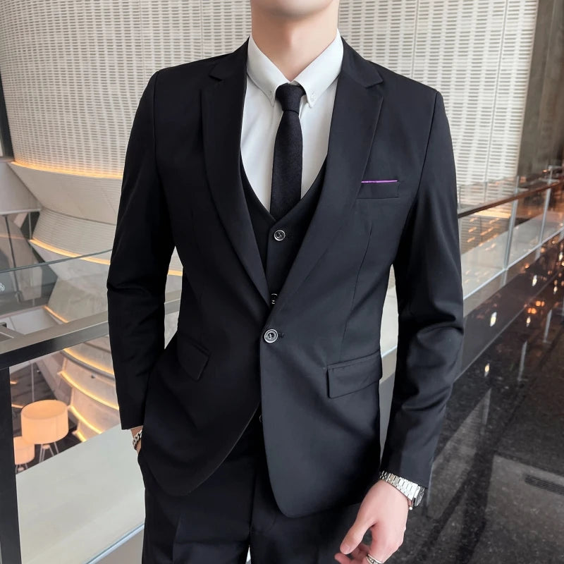 Classic Solid Color Three-Piece Set Wedding Suit - Four Seasons Fashion Business Casual Handsome Suit Vest Trousers Combo