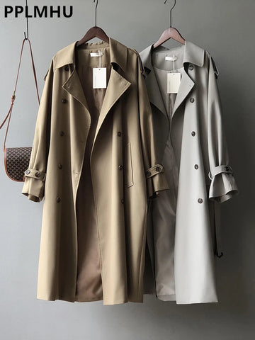 Khaki Double Breasted Long Trench Coats Women Casual Loose Korean Gabardina New Lapel Classic Oversized Windbreaker Jackets