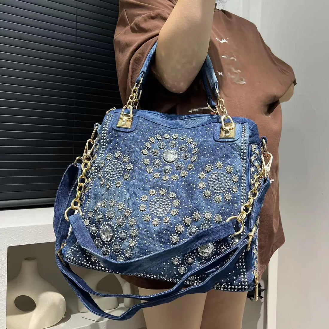 Women's Fashion Denim Diamond Handbag Large Capacity Gradient Diamond Square Shoulder Crossbody Bag