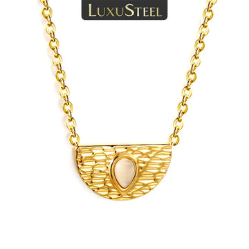 LUXUSTEEL New Classic Women's Stainless Steel Waterproof Half Round Droplet White Cat Eye Stone Pendant Necklace Jewellery