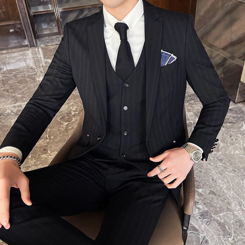 Winter Stripes Three-piece High-Grade Groom Wedding Suit with Vest And Trousers Business Fashion Handsome Casual Wedding Outfit
