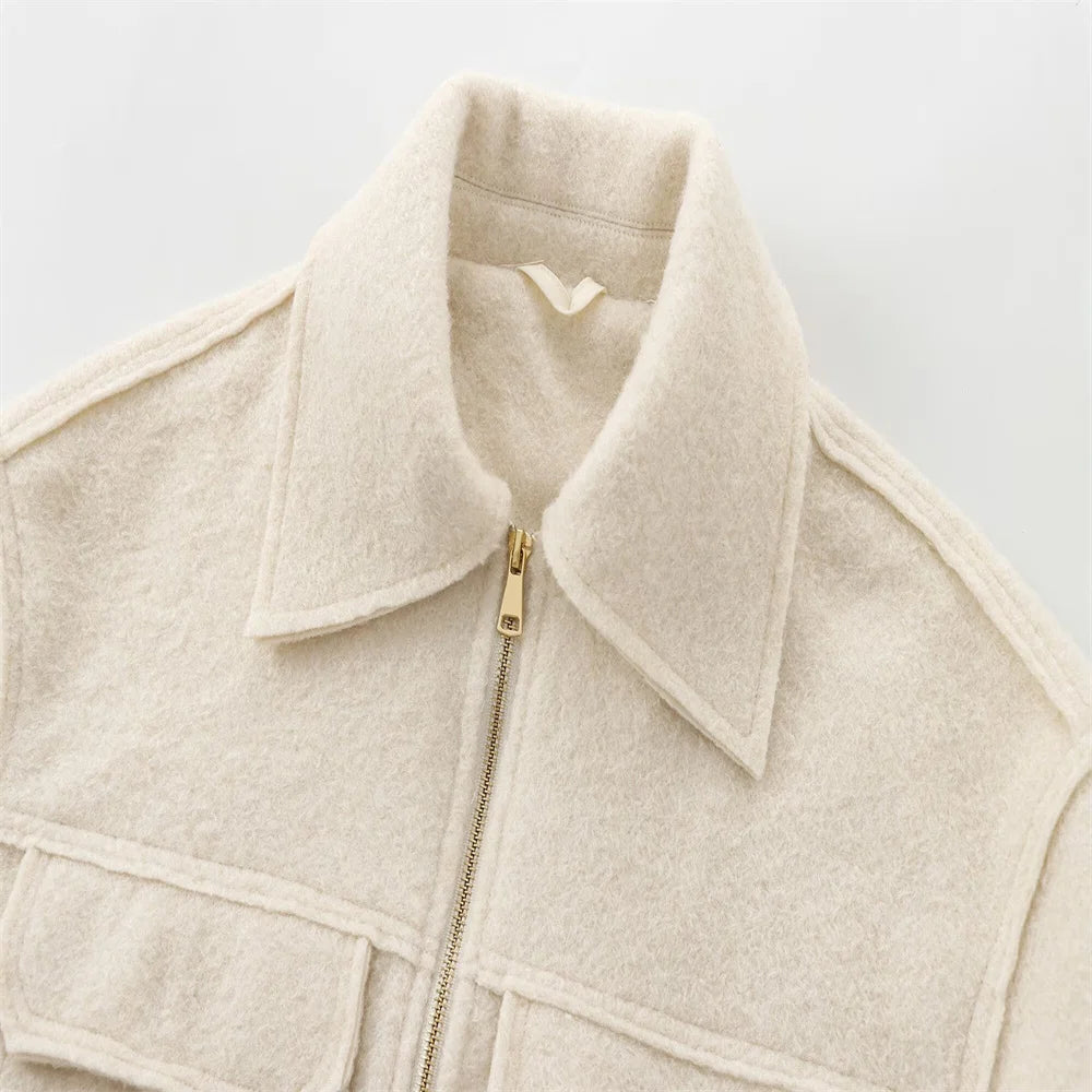 Autumn and winter casual lapel zipper pocket decoration long sleeved pearl leather jacket short jacket top