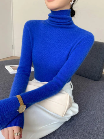 Women Long Sleeve Knitted Pullover Solid Casual Slim Sweater 2025 Autumn Winter Turtleneck Warm Jumper Simple Base Layer Top