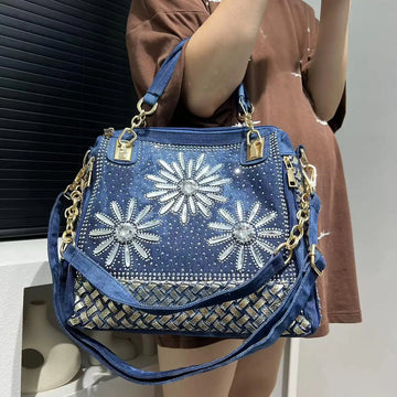Women's Fashion Denim Diamond Handbag Large Capacity Gradient Diamond Square Shoulder Crossbody Bag