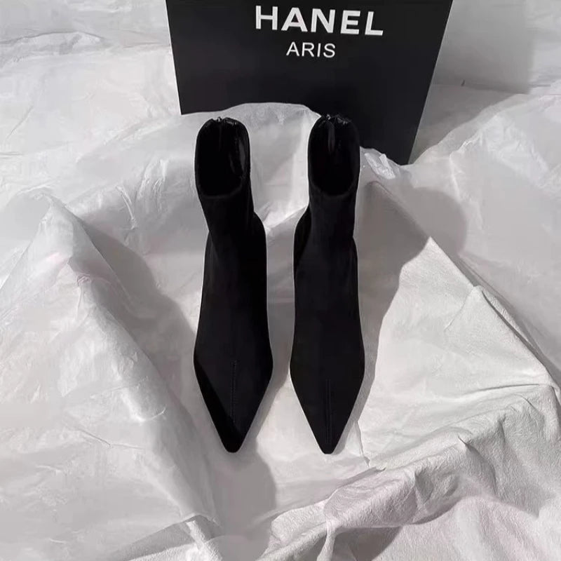 Women's high-heeled ankle boots for autumn and winter, versatile, French style, elastic, suede, pointed toe, fashion boots.2025