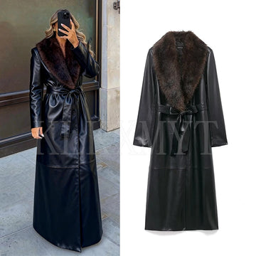 Winter Women Fashion With Faux Fur Collar Coat Woman Chic Faux Leather Jacket Long Sleeve Belt Casual New Outerwear ﻿ ﻿