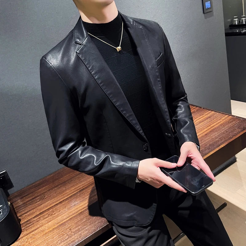 New trendy slim-fit leather jacket, men's leather jacket, casual, fashionable and cool small suit, men's Korean style popular cl
