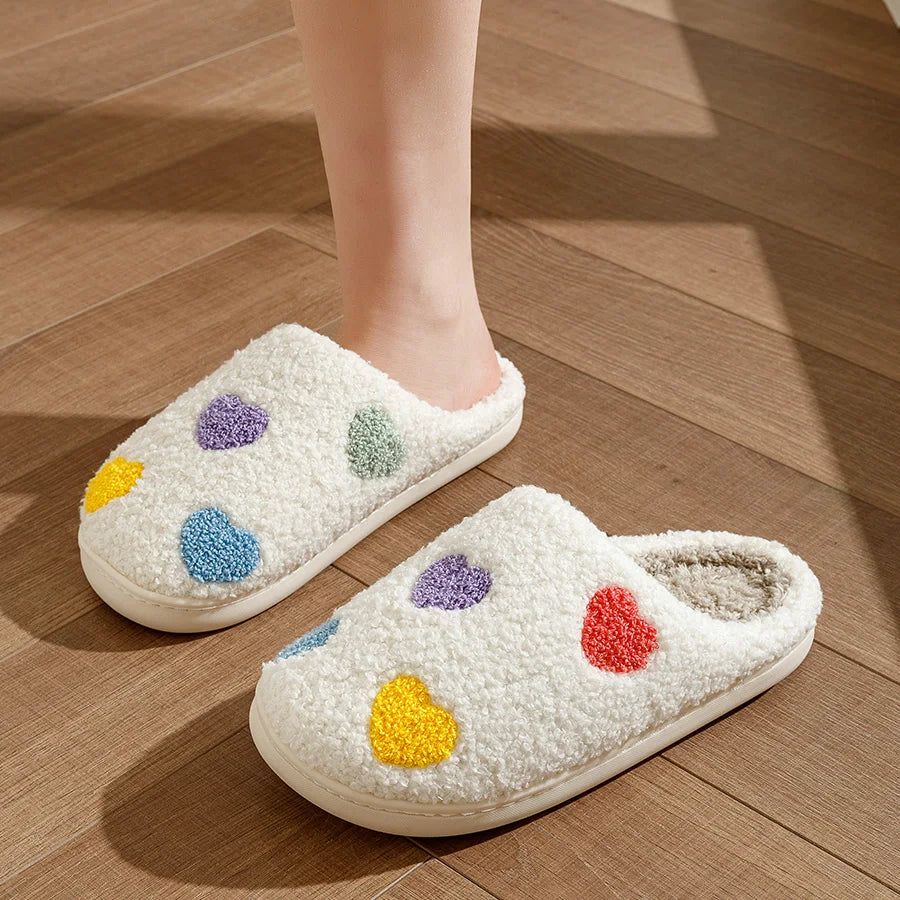 Cute Color Heart Women Slippers Valentine's Day Embroidery Fuzzy Romantic Love Comfy Flat Girl Friend Gift Winter Home Shoes
