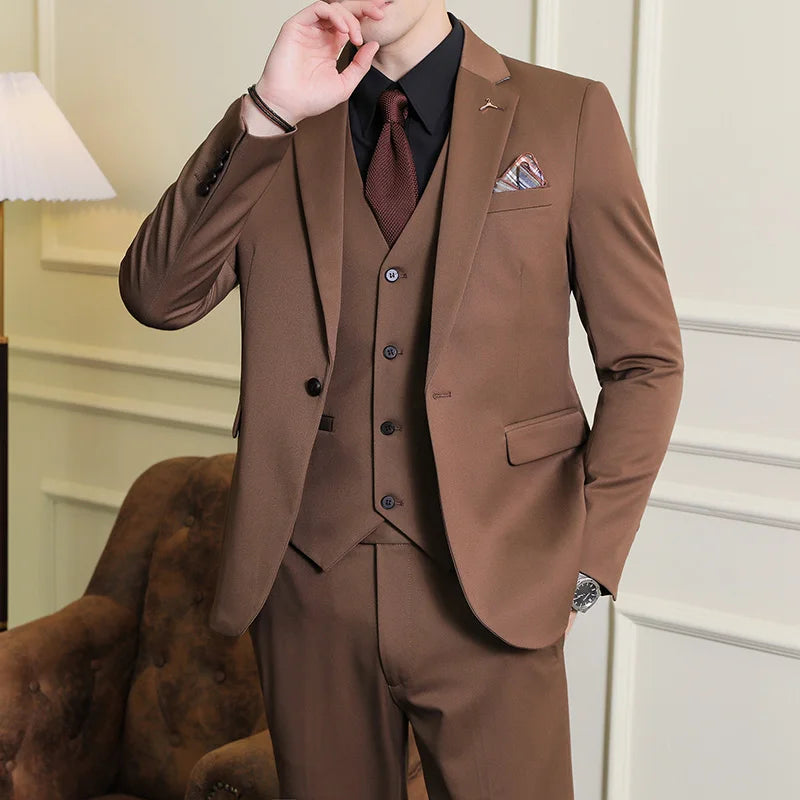 2025 Men's Wedding Suit Vest Trousers Set Fashionable Handsome Solid Color Groom's Three-Piece Outfit Available in Sizes M-7XL