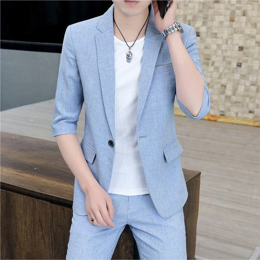 Men's casual and fashionable suit set, slimming spring and summer Korean-style suit, high-end fabric, solid-color handsome coat