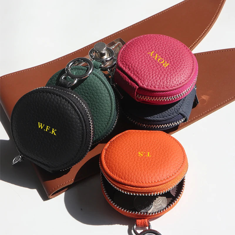 Custom Letters Round Earphone Bag Engrave Name Mini Storage Bag Genuine Leather Zipper Luxury Coin Purse Pouch Key Wallet Gift