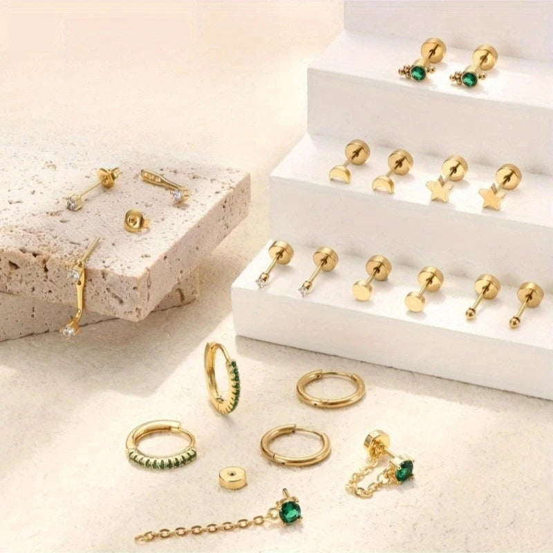 20pcs Stainless Steel Delicate Comfortable Green Gemstone Flat Back Earring Set,Hypoallergenic Small Hoop Earrings Jewelry Gifts