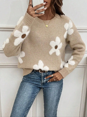 Autumn and winter women's round neck contrasting flower jacquard loose casual woolen pullover top