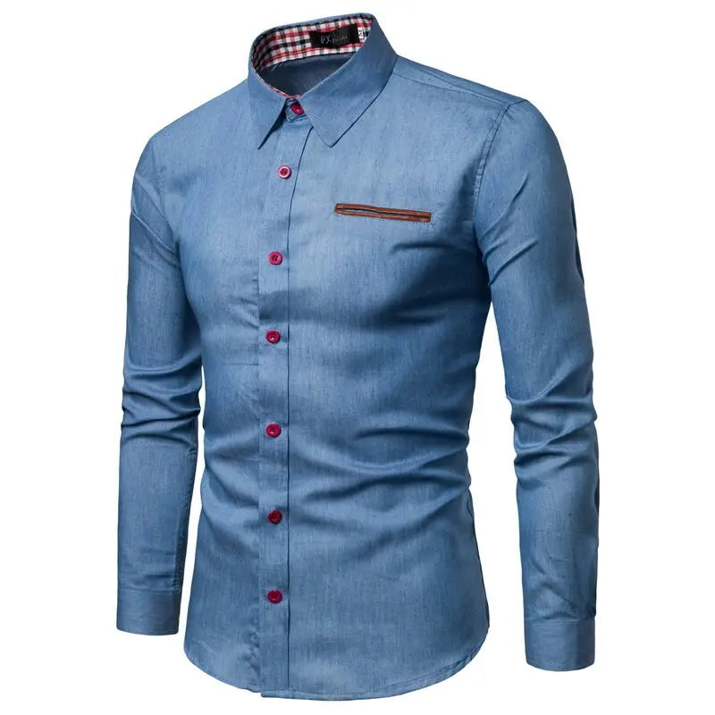 Spring Men's Shirt Imitation Denim Long Sleeved Shirt  Fake Pocket  Patchwork Retro Made Old Shirt